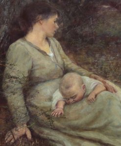 Mother and Son - detail from On the Wallaby Track painting by McCubbin