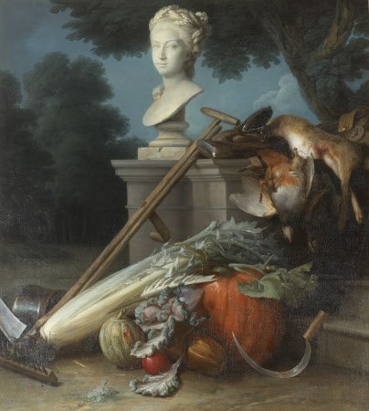 Garden Still Life, with Implements, Vegetables, Dead Game, and a Bust of Ceres (The Attributes of Hunting and Gardening by Anne Valleyer-Coster (1780)