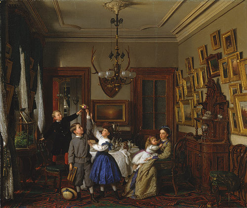 The Contest for the Bouquet.  The Family of Robert Gordon in Their New York Dining-Room  by Seymour Joseph Guy (1866)