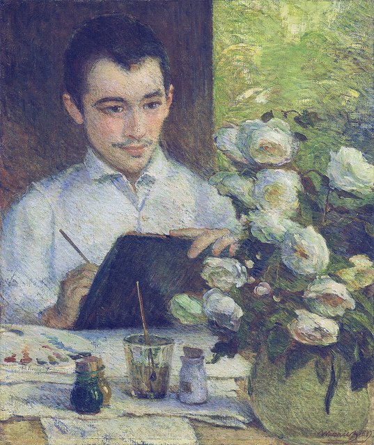 Pierre Bracquemond painting a bouquet of flowers by Marie Bracquemond (1887)
